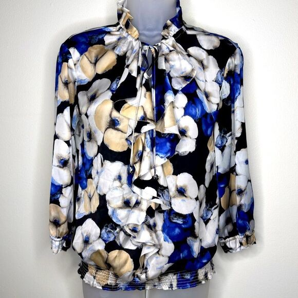 White House Black Market Top Blue White Floral Long Sleeve Blouse. Extra Small - Picture 2 of 12